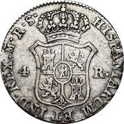 Spain 4 Reales Joseph Napolean 1812 RS KM# 540.1 HISPANIARUM ET IND REX M A I 4 R coin reverse Spain 4 Reales Joseph Napolean 1812 RS KM# 540.1 HISPANIARUM ET IND REX M A I 4 R coin reverse