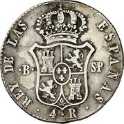 Spain 4 R KM# 562.1 Milled Real Coinage REY DE LAS ESPAÑAS 4 R B SP coin reverse Spain 4 R KM# 562.1 Milled Real Coinage REY DE LAS ESPAÑAS 4 R B SP coin reverse
