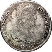 Spain 4 Reales Ferdinand VII 1823 R Spanish arms KM# 567 FERN 7° POR LA G DE DIOS Y LA CONST 1823 coin obverse Spain 4 Reales Ferdinand VII 1823 R Spanish arms KM# 567 FERN 7° POR LA G DE DIOS Y LA CONST 1823 coin obverse