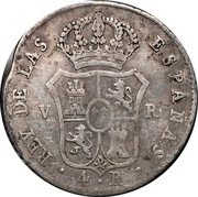 Spain 4 Reales Ferdinand VII 1823 R Spanish arms KM# 567 REY DE LAS ESPAÑAS 4 R 1 VR coin reverse Spain 4 Reales Ferdinand VII 1823 R Spanish arms KM# 567 REY DE LAS ESPAÑAS 4 R 1 VR coin reverse