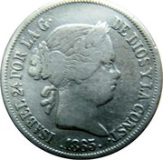 Spain 40 Centimos de Escudo Sevilla 1865 KM# 628.3 ISABEL 2A. POR LA G. DE DIOS Y LAS CONST 1865 coin obverse Spain 40 Centimos de Escudo Sevilla 1865 KM# 628.3 ISABEL 2A. POR LA G. DE DIOS Y LAS CONST 1865 coin obverse