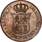 Spain 40 Centimos Isabel II 1868 (68) KM# 628.2 REINA DE LAS ESPAÑAS 40 CENTS DE ESCO coin reverse Spain 40 Centimos Isabel II 1868 (68) KM# 628.2 REINA DE LAS ESPAÑAS 40 CENTS DE ESCO coin reverse