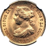 Spain 40 Reales Isabel II 1863 KM# 616.2 ISABEL 2A. POR LA G DE DIOS Y LA CONST 1865 coin obverse Spain 40 Reales Isabel II 1863 KM# 616.2 ISABEL 2A. POR LA G DE DIOS Y LA CONST 1865 coin obverse
