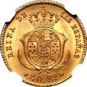 Spain 40 Reales Isabel II 1863 KM# 616.2 REINA DE LAS ESPAÑAS 40 RS coin reverse Spain 40 Reales Isabel II 1863 KM# 616.2 REINA DE LAS ESPAÑAS 40 RS coin reverse