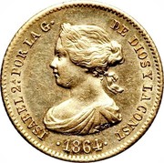 Spain 40 Reales Isabel II 1864 KM# 618.1 1864 ISABEL 2A. POR LA G DE DIOS Y LA CONST 1864 coin obverse