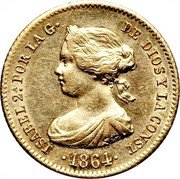 Spain 40 Reales 1864 KM# 618.2 Kingdom Decimal Coinage 1864 ISABEL 2A. POR LA G DE DIOS Y LA CONST coin obverse
