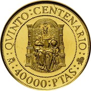 Spain 40000 Pesetas Philip II 1990 Proof KM# 878 QVINTO CENTENARIO M 40000 PTAS 500 coin reverse Spain 40000 Pesetas Philip II 1990 Proof KM# 878 QVINTO CENTENARIO M 40000 PTAS 500 coin reverse