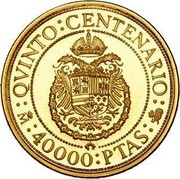 Spain 40000 Pesetas Imperial double eagle 1991 Proof KM# 900 QVINTO CENTENARIO M 40000 PTAS 500 coin reverse Spain 40000 Pesetas Imperial double eagle 1991 Proof KM# 900 QVINTO CENTENARIO M 40000 PTAS 500 coin reverse