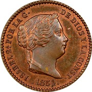 Spain 5 Centimos Isabel II 1854 KM# 602 ISABEL 2A POR LA G. DE DIOS Y LA CONST 1854 coin obverse Spain 5 Centimos Isabel II 1854 KM# 602 ISABEL 2A POR LA G. DE DIOS Y LA CONST 1854 coin obverse
