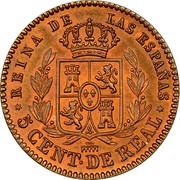 Spain 5 Centimos Isabel II 1854 KM# 602 5 CENT DE REAL REINA DE LAS ESPAÑAS coin reverse Spain 5 Centimos Isabel II 1854 KM# 602 5 CENT DE REAL REINA DE LAS ESPAÑAS coin reverse