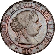 Spain 5 Centimos 1865 KM# 635.3 Second Decimal Coinage ISABEL II POR LA GRACIA DE DIOS Y LA CONST. 1865 coin obverse Spain 5 Centimos 1865 KM# 635.3 Second Decimal Coinage ISABEL II POR LA GRACIA DE DIOS Y LA CONST. 1865 coin obverse