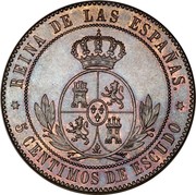Spain 5 Centimos 1865 KM# 635.3 Second Decimal Coinage REINA DE LAS ESPAÑAS. 5 CENTIMOS DE ESCUDO OM coin reverse Spain 5 Centimos 1865 KM# 635.3 Second Decimal Coinage REINA DE LAS ESPAÑAS. 5 CENTIMOS DE ESCUDO OM coin reverse