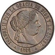 Spain 5 Centimos Isabel II 1866 OM KM# 635.4 ISABEL II POR LA GRACIA DE DIOS Y LA CONST. 1867 coin obverse Spain 5 Centimos Isabel II 1866 OM KM# 635.4 ISABEL II POR LA GRACIA DE DIOS Y LA CONST. 1867 coin obverse