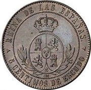 Spain 5 Centimos Isabel II 1866 OM KM# 635.4 REINA DE LAS ESPAÑAS. 5 CENTIMOS DE ESCUDO OM coin reverse Spain 5 Centimos Isabel II 1866 OM KM# 635.4 REINA DE LAS ESPAÑAS. 5 CENTIMOS DE ESCUDO OM coin reverse