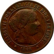 Spain 5 Centimos Isabel II 1868 OM KM# 635.5 ISABEL II POR LA GRACIA DE DIOS Y LA CONST. 1868 coin obverse Spain 5 Centimos Isabel II 1868 OM KM# 635.5 ISABEL II POR LA GRACIA DE DIOS Y LA CONST. 1868 coin obverse