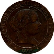 Spain 5 Centimos 1868 OM KM# 635.2 Second Decimal Coinage ISABEL II POR LA GRACIA DE DIOS Y LA CONST. 1867 coin obverse Spain 5 Centimos 1868 OM KM# 635.2 Second Decimal Coinage ISABEL II POR LA GRACIA DE DIOS Y LA CONST. 1867 coin obverse