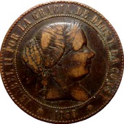Spain 5 Centimos Isabel II 1868 OM KM# 635.1 ISABEL II POR LA GRACIA DE DIOS Y LA CONST. 1868 coin obverse Spain 5 Centimos Isabel II 1868 OM KM# 635.1 ISABEL II POR LA GRACIA DE DIOS Y LA CONST. 1868 coin obverse