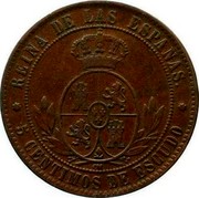 Spain 5 Centimos Isabel II 1868 OM KM# 635.5 REINA DE LAS ESPAÑAS. 5 CENTIMOS DE ESCUDO OM coin reverse Spain 5 Centimos Isabel II 1868 OM KM# 635.5 REINA DE LAS ESPAÑAS. 5 CENTIMOS DE ESCUDO OM coin reverse