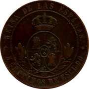 Spain 5 Centimos 1868 OM KM# 635.2 Second Decimal Coinage REINA DE LAS ESPAÑAS. 5 CENTIMOS DE ESCUDO OM coin reverse Spain 5 Centimos 1868 OM KM# 635.2 Second Decimal Coinage REINA DE LAS ESPAÑAS. 5 CENTIMOS DE ESCUDO OM coin reverse