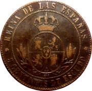 Spain 5 Centimos Isabel II 1868 OM KM# 635.1 REINA DE LAS ESPAÑAS 5 CENTIMOS DE ESCUDO coin reverse Spain 5 Centimos Isabel II 1868 OM KM# 635.1 REINA DE LAS ESPAÑAS 5 CENTIMOS DE ESCUDO coin reverse