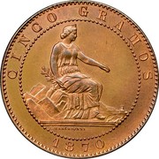 Spain 5 Centimos Provisional Government 1870 OM KM# 662 CINCO GRAMOS 1870 L MARCHIONNI coin obverse Spain 5 Centimos Provisional Government 1870 OM KM# 662 CINCO GRAMOS 1870 L MARCHIONNI coin obverse