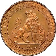 Spain 5 Centimos Provisional Government 1870 OM KM# 662 DOSCIENTAS PIEZAS EN KILOG CINCO CENTIMOS OM coin reverse Spain 5 Centimos Provisional Government 1870 OM KM# 662 DOSCIENTAS PIEZAS EN KILOG CINCO CENTIMOS OM coin reverse
