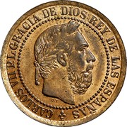 Spain 5 Centimos Charles VII 1875 (b) KM# 669 CARLOS VII P L GRACIA DE DIOS REY DE LAS ESPAÑAS O T coin obverse Spain 5 Centimos Charles VII 1875 (b) KM# 669 CARLOS VII P L GRACIA DE DIOS REY DE LAS ESPAÑAS O T coin obverse