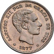 Spain 5 Centimos Alfonso XII 1877 OM KM# 674 ALFONSO XII POR LA GRACIA DE DIOS G S 1877 coin obverse Spain 5 Centimos Alfonso XII 1877 OM KM# 674 ALFONSO XII POR LA GRACIA DE DIOS G S 1877 coin obverse