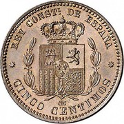 Spain 5 Centimos Alfonso XII 1877 OM KM# 674 CINCO CENTIMOS REY CONSTL. DE ESPAÑA OM coin reverse Spain 5 Centimos Alfonso XII 1877 OM KM# 674 CINCO CENTIMOS REY CONSTL. DE ESPAÑA OM coin reverse