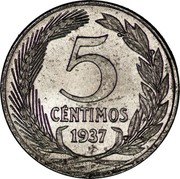 Spain 5 Centimos II Republic 1937 Prices given are for rust-free examples KM# 752 5 CENTIMOS 1937 coin reverse