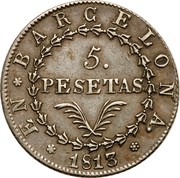 Spain 5 Pesetas Joseph Napolean - Barcelona 1813 KM# 69 5 PESETAS EN BARCELONA 1813 coin obverse Spain 5 Pesetas Joseph Napolean - Barcelona 1813 KM# 69 5 PESETAS EN BARCELONA 1813 coin obverse