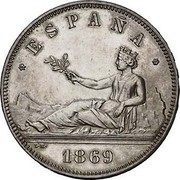 Spain 5 Pesetas Provisional Government 1869 (69) SN-M KM# 655 ESPAÑA L M 1869 coin obverse Spain 5 Pesetas Provisional Government 1869 (69) SN-M KM# 655 ESPAÑA L M 1869 coin obverse