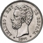 Spain 5 Pesetas Amadeo I 1871 (73) DE-M KM# 666 AMADEO I REY DE ESPAÑA L M 1871 coin obverse Spain 5 Pesetas Amadeo I 1871 (73) DE-M KM# 666 AMADEO I REY DE ESPAÑA L M 1871 coin obverse