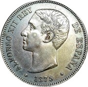 Spain 5 Pesetas Alfonso XII 1875 (75) DE-M KM# 671 1875 ALFONSO XII REY DE ESPAÑA coin obverse Spain 5 Pesetas Alfonso XII 1875 (75) DE-M KM# 671 1875 ALFONSO XII REY DE ESPAÑA coin obverse