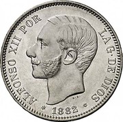 Spain 5 Pesetas Alfonso XIII 1882 (82) MS-M KM# 688 ALFONSO XII POR LA G DE DIOS 1885 18 86 coin obverse Spain 5 Pesetas Alfonso XIII 1882 (82) MS-M KM# 688 ALFONSO XII POR LA G DE DIOS 1885 18 86 coin obverse