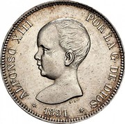 Spain 5 Pesetas Alfonso XIII 1891 (91) PG-M KM# 689 ALFONSO XIII POR LA G. DE DIOS 1890 G S coin obverse Spain 5 Pesetas Alfonso XIII 1891 (91) PG-M KM# 689 ALFONSO XIII POR LA G. DE DIOS 1890 G S coin obverse