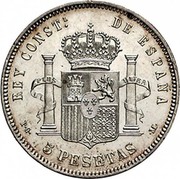 Spain 5 Pesetas Alfonso XIII 1891 (91) PG-M KM# 689 REY CONST. DE ESPANA P G 5 PESETAS M PLUS ULTRA coin reverse Spain 5 Pesetas Alfonso XIII 1891 (91) PG-M KM# 689 REY CONST. DE ESPANA P G 5 PESETAS M PLUS ULTRA coin reverse