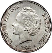 Spain 5 Pesetas Alfonso XIII 1894 (94) PG-V KM# 700 ALFONSO XIII POR LA G DE DIOS 1894 coin obverse Spain 5 Pesetas Alfonso XIII 1894 (94) PG-V KM# 700 ALFONSO XIII POR LA G DE DIOS 1894 coin obverse
