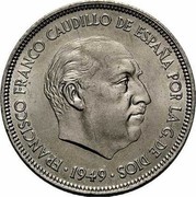 Spain 5 Pesetas 1949 (50) KM# 778 Kingdom (1949 - Present) FRANCISCO FRANCO CAUDILLO DE ESPANA POR LA G.DE DIOS 1949 coin obverse Spain 5 Pesetas 1949 (50) KM# 778 Kingdom (1949 - Present) FRANCISCO FRANCO CAUDILLO DE ESPANA POR LA G.DE DIOS 1949 coin obverse
