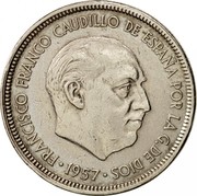 Spain 5 Pesetas Francisco Franco 1957 (65) KM# 786 FRANCISCO FRANCO CAUDILLO DE ESPAÑA POR LA G.DE DIOS 1957 coin obverse Spain 5 Pesetas Francisco Franco 1957 (65) KM# 786 FRANCISCO FRANCO CAUDILLO DE ESPAÑA POR LA G.DE DIOS 1957 coin obverse
