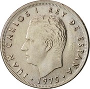 Spain 5 Pesetas Juan Carlos I 1975 (76) Proof KM# 807 JUAN CARLOS I REY DE ESPAÑA 1975 coin obverse Spain 5 Pesetas Juan Carlos I 1975 (76) Proof KM# 807 JUAN CARLOS I REY DE ESPAÑA 1975 coin obverse