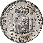 Spain 50 Centimos Alfonso XII 1880 (80) MS-M KM# 685 50 CENT. REY CONSTL DE ESPAÑA M S M coin reverse Spain 50 Centimos Alfonso XII 1880 (80) MS-M KM# 685 50 CENT. REY CONSTL DE ESPAÑA M S M coin reverse