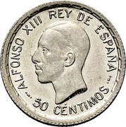 Spain 50 Centimos Alfonso XIII 6th portrait 1926 PC-S KM# 741 ALFONSO XIII REY DE ESPANA 50 CENTIMOS coin obverse Spain 50 Centimos Alfonso XIII 6th portrait 1926 PC-S KM# 741 ALFONSO XIII REY DE ESPANA 50 CENTIMOS coin obverse