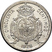 Spain 50 Centimos Alfonso XIII 6th portrait 1926 PC-S KM# 741 PC CINCUENTA CENTIMOS 1926 S coin reverse Spain 50 Centimos Alfonso XIII 6th portrait 1926 PC-S KM# 741 PC CINCUENTA CENTIMOS 1926 S coin reverse