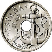 Spain 50 Centimos Arrow heads Point Downwards 1949 (51) Minting date "51" in incused star KM# 776 ESPAÑA 1949 coin obverse Spain 50 Centimos Arrow heads Point Downwards 1949 (51) Minting date "51" in incused star KM# 776 ESPAÑA 1949 coin obverse