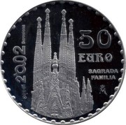 Spain 50 Euro 150th Anniversary of Birth of Antonio Gaudi 2002 (M) Proof KM# 1085 DAUDI 2002 BARCELONA 50 EURO SAGRADA FAMILIA M coin reverse Spain 50 Euro 150th Anniversary of Birth of Antonio Gaudi 2002 (M) Proof KM# 1085 DAUDI 2002 BARCELONA 50 EURO SAGRADA FAMILIA M coin reverse
