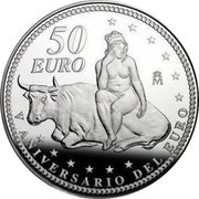 Spain 50 Euro 5th Anniversary of the Euro 2007 Proof KM# 1127 50 EURO M V ANIVERSARIO DEL EURO coin reverse