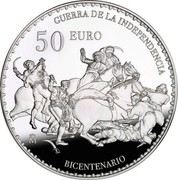 Spain 50 Euro Bicentennial Independence War 2008 Proof KM# 1198 GUERRA DE LA INDEPENDENCIA 50 EURO M BICENTENARIO coin reverse Spain 50 Euro Bicentennial Independence War 2008 Proof KM# 1198 GUERRA DE LA INDEPENDENCIA 50 EURO M BICENTENARIO coin reverse