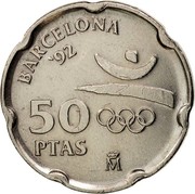 Spain 50 Pesetas Olympics in Barcelona 1992 KM# 906 BARCELONA '92 50 PTAS M coin reverse Spain 50 Pesetas Olympics in Barcelona 1992 KM# 906 BARCELONA '92 50 PTAS M coin reverse