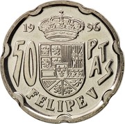 Spain 50 Pesetas Felipe V 1996 KM# 963 19 96 50 PTAS FELIPE V coin reverse Spain 50 Pesetas Felipe V 1996 KM# 963 19 96 50 PTAS FELIPE V coin reverse